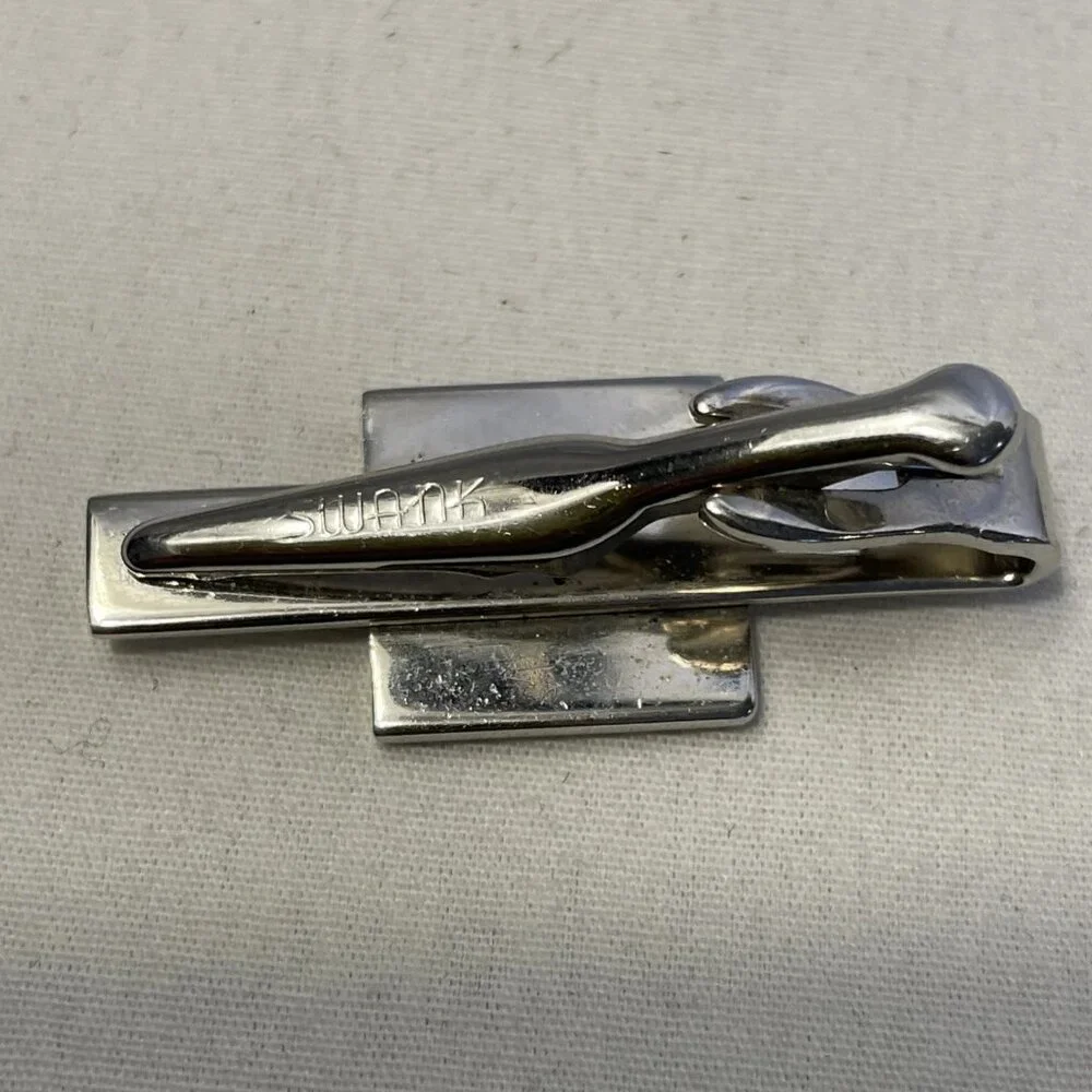 Vintage Swank Tie Tack Pin Cuff Links Silver Tone Black Accent Bullet Backing